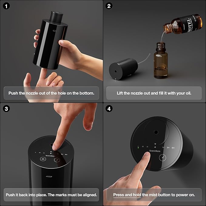 Waterless Essential Oil Diffuser Starter Kit with 2 x 30mL Hotel Scent Fragrance Oil, Battery Operated Scent Air Machine Cordless Portable Diffuser for Home Car, ANZ Black 2PCs Kit