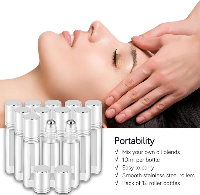 PrettyCare Set of 12, 10 ml Essential Oil Roller Bottles with Stainless Steel Roller Ball - Refillable Leak-proof Empty Thick Clear Glass Roll on Bottles with Silver Metal Caps for Travel, Perfume