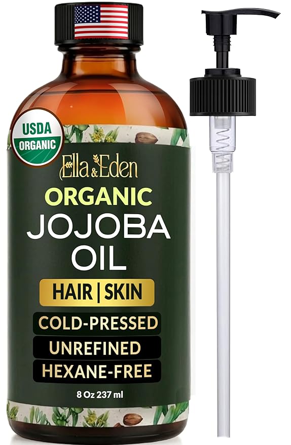 Ella & Eden 8 Oz Organic Jojoba Oil For Hair – USDA Certified, 100% Pure Cold-Pressed & Unrefined Moisturizer for Hair, Skin, Face & Nails, Hexane-Free Carrier Oil - Food Grade Plastic Bottle