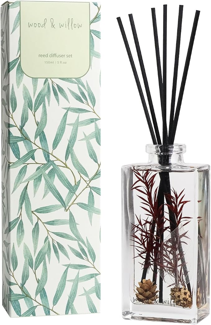 Wood & Willow Reed Diffuser Set with Dried Flowers, 5 fl. oz., Long-Lasting Home Fragrance - Wild Rose & Oud, Red Berry & Oak, Bergamot & Amber, Decorative Floral Design (Red Berry & Oak)