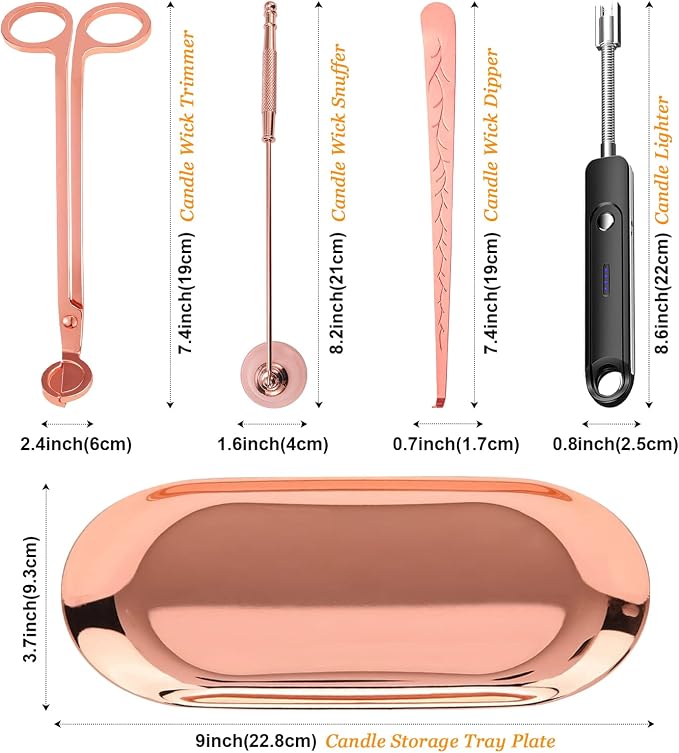 5Pcs Accessory Set with Rechargeable Electric Lighter, Storage Tray, Wick Trimmer, Snuffer, Dipper, Stainless Steel Care Kit Gift Package for Candle Lover Rose Gold