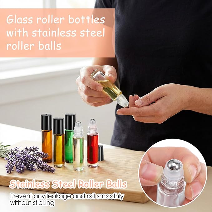 85 Pcs 10ml Clear Empty Essential Oil Roller Bottles Leakproof Glass Roll on Bottles with Stainless Steel Balls with 4 Droppers for Travel, DIY Perfume, Lip Gloss