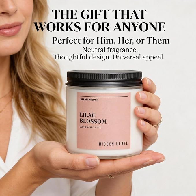 Hidden Label Lilac Blossom Soy Candle, 12oz 2-Wick, 70H Floral Aromatherapy | 100% Natural Wax, Paraben & Phthalate-Free, Clean-Burning | Elegant Decor, Gift-Ready for Spring | Stress Relief & Calming