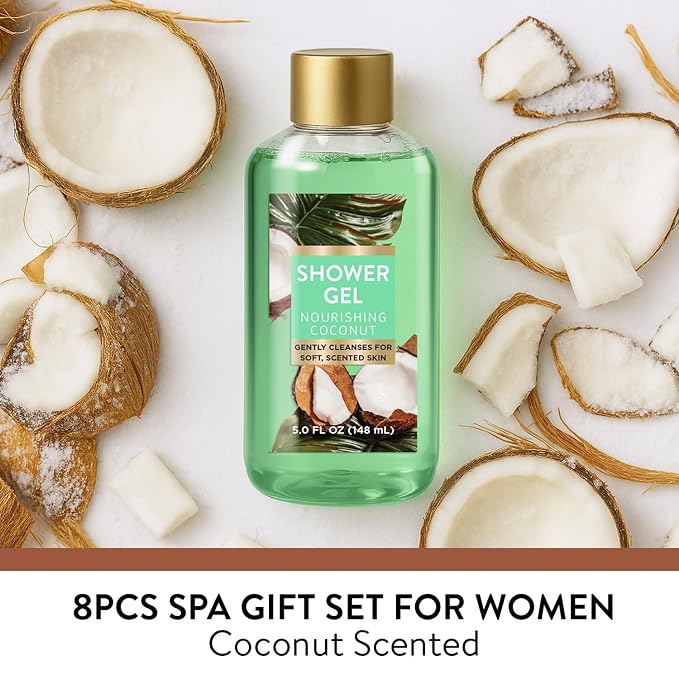 Spa Gift for Women, 8 Piece Luxury Coconut Bath Set with Bubble Bath & Bath Bombs Body Scrub Lotion Hand Cream, Bath Sets for Women Gift, Anniversary Present Birthday Gifts
