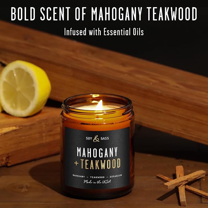 Mahogany Teakwood Candles I Scented Black Candles for Men or Women - Rich Mahogany, Teakwood & Geranium Soy Wax Mens Candle - Infused w/Essential Oils I 50Hr Burn, 9oz I Non Toxic I Made in USA