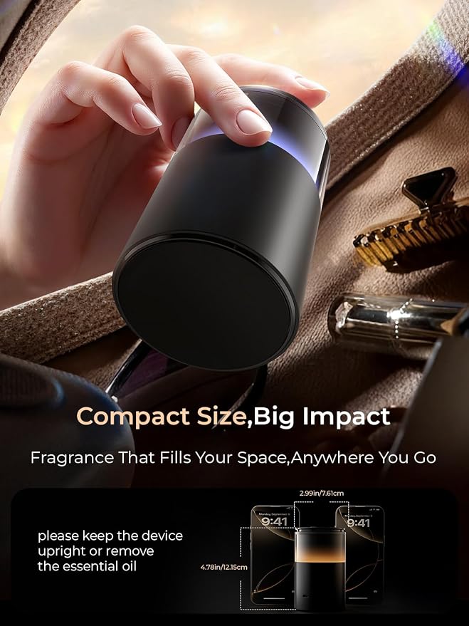 Battery Operated Waterless Diffuser – Portable Scent Machine for Car, Office & Bedroom, Ultrasonic Aroma Mist with 9 Color LED Light, Mini Essential Oil Diffuser Charcoal Black
