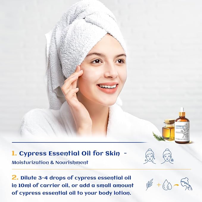 HIQILI 100ML Cypress Essential Oil for Diffuser, Skin Care, Includes 10ML Travel Bottle - 3.38 Fl Oz