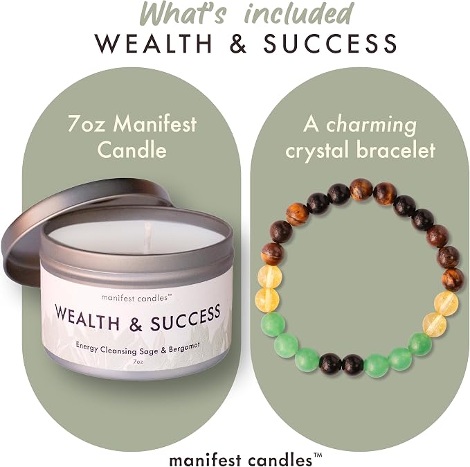 Manifest Sage & Bergamot Money Candle, 45 Hour Burn, Manifestation Bracelet, Protection Candle for Negative Energy, Abundance Candles, Intention Spiritual Candles for Positive Energy