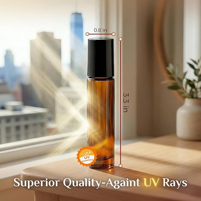 PrettyCare Set of 24, 10 ml Amber Glass Roller Bottles for Essential Oil with Stainless Steel Roller Ball - Refillable Leak-proof Empty Roll on Bottles with Black Caps for Travel, Perfume,Lab