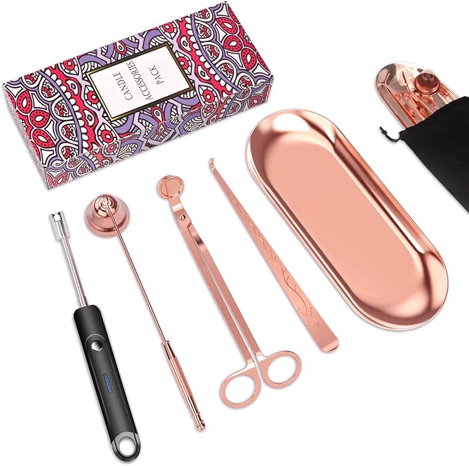 5Pcs Accessory Set with Rechargeable Electric Lighter, Storage Tray, Wick Trimmer, Snuffer, Dipper, Stainless Steel Care Kit Gift Package for Candle Lover Rose Gold