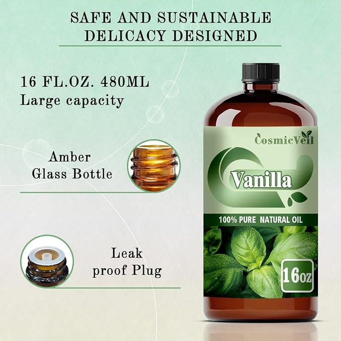 Vanilla Essential Oil Vanilla Oil for Aroma Diffuser,Humidifier,Home Fragrance,Cleaning,Body Care,Massage,Yoga,DIY Candle,DIY Soap CosmicVeil（Vanilla，16 Fl Oz (Pack of 1)）