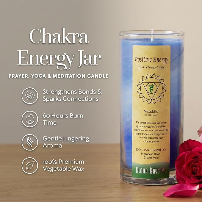 Premium Scented Candle Hand Made Chakra Energy Jar | 11 Oz Jar | Positive Energy, Visuddha| Yoga, Prayer & Meditation | Long Burn 60 Hours | Essential Oils of Moroccan Rose & Chamomile | Aloha Bay