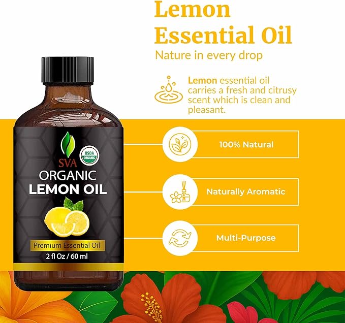 SVA Lemon Essential Oil Organic – 2 Fl Oz – 100% Natural Organic Lemon Oil - for Diffuser, Hair, Face, Skin Care, Aromatherapy, Scalp and Body Massage, Soap and Candle Making - with Dropper