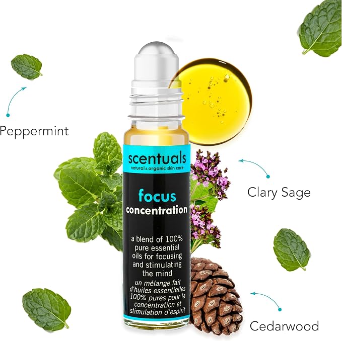 Essential Oil Blend Roll On: Peppermint Essential Oil,Cedarwood and Clary Sage Oil, 100% Pure Natural, to Improve Mental Focus & Concentration, Aromatherapy, Essential Oil Perfume (9 ml | 0.3 oz)