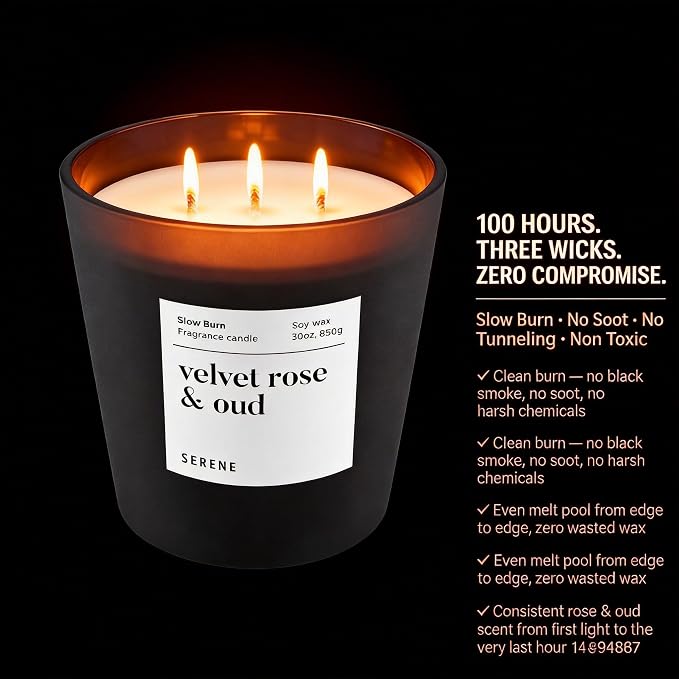 Velvet Rose & Oud Scented Candle, Non Toxic 30oz Large 3-Wick Natural Soy Wax, Up to 100 Hours Slow Burn, Luxury Oriental Home Fragrance, Romantic Bedroom & Gift for Women
