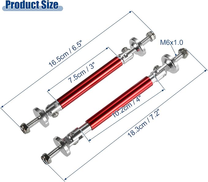ACROPIX Universal 3"-4" Adjustable Aluminum Alloy 75mm Front Bumper Lip Splitter Diffuser Strut Rod Tie Bars Splitter Support Rods Red - Pack of 2