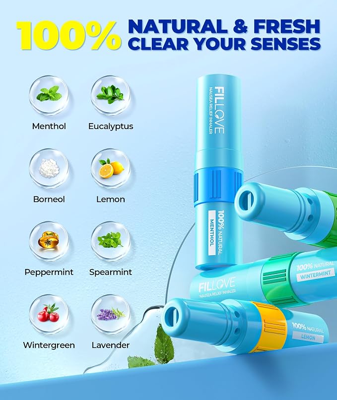 FILLOVE 1s Fast Nausea Relief Nasal Stick with 2-in-1 Motion Sickness Ease, 100% Natural Essential Oils for Pregnant Women, Non-Drowsy Travel Essentials & Cruise Essentials for Car, Airplane