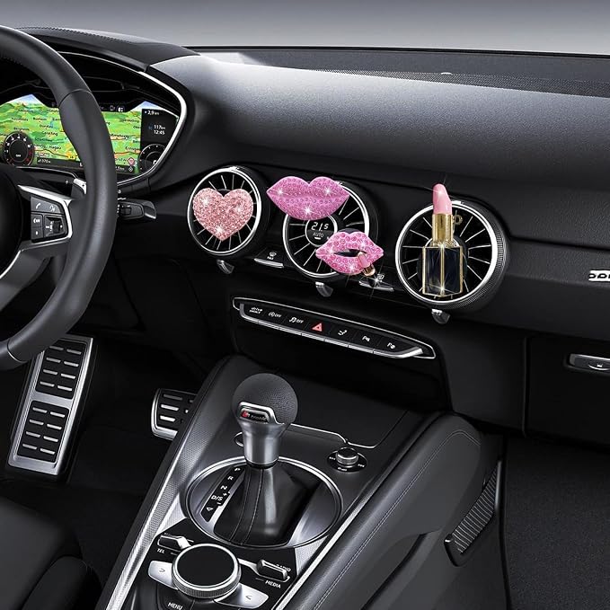 Pink Lips Air Vent Clips, 4 Pcs Sexy Lips Kiss Heart Shape Car Air Fresheners for Women Charms Rhinestone Diffuser Vent Clip Cute Car Decor Bling Car Accessories for Women