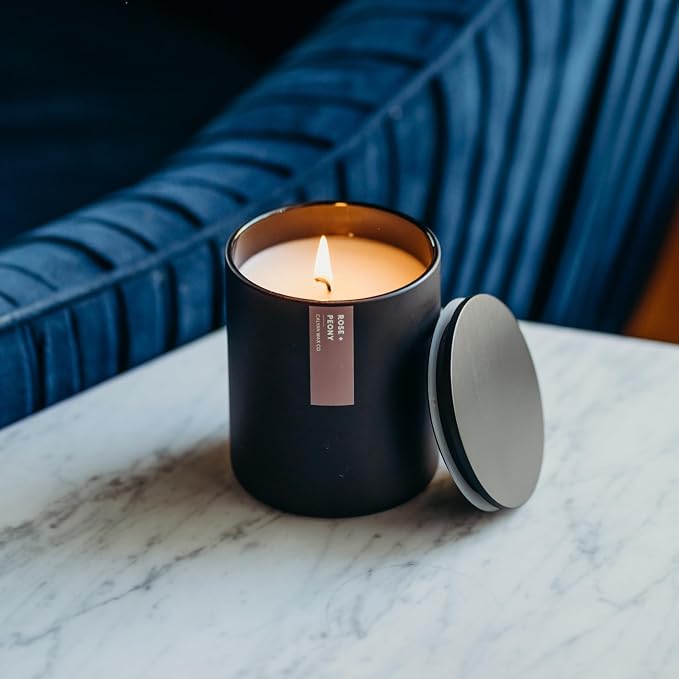Calyan Wax Co. Rose & Peony Scented Candle - 75 Hour Burn - Luxury Clean Soy Wax Candles - Long Lasting Black Tumbler Jar Candle for Home - 10.2oz
