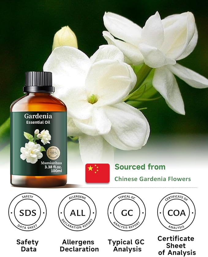 Gardenia Essential Oil, Pure Mumianhua Natural Floral Oil for Luxurious Diffuser & Evening Serenity, Romantic Aroma for Skin, Hair, DIY Perfume, Candle & Soap Making – 3.38 Fl Oz