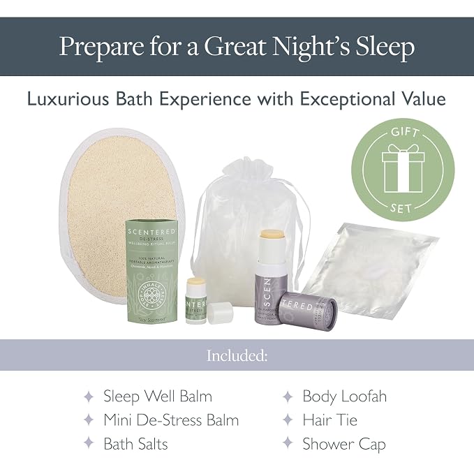 Scentered Prepare for a Great Night's Sleep Bath Set - Bath Salts, Aromatherapy Balms, Body Loofah, Hair Tie & Shower Cap - Relaxing Bath Set for Restful Sleep