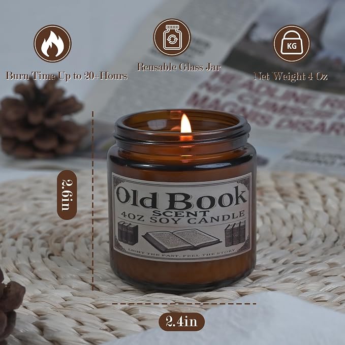 Old Book Candle, Book Lovers Gifts Ideas for Readers, Reading Accessories, Bookish Present, Birthday Gifts for Women, Bookworm, Librarian, Men