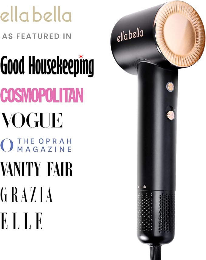 ELLA BELLA® Compact Plasma Hair Dryer, Advanced Plasma Technology Blow Dryer with Digital Display, Rapid Drying, Low Noise, & Luxury Velvet Travel Bag - Includes Diffuser & Nozzle- for All Hair Types