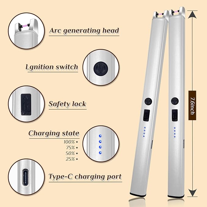 2 PCS Candle Lighter,Windproof Flameless Electric Lighter with LED Power Display ＆ Safety Switch, Upgraded Plasma USB Rechargeable Lighters for Birthday Camping BBQ (Silvery)