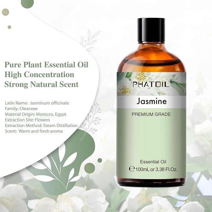 PHATOIL 3.38FL.OZ Jasmine Essential Oil with Glass Dropper, for Aromatherapy Diffusers, Humidifiers, Great for DIY Candle and Soap Making, Huge 100ML Bottle