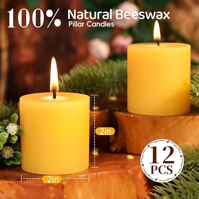 12 Pack Natural Beeswax Pillar Candles,2x2in 100% Pure Beeswax Candles-240 Hours Long Burning,Unscented Bees Wax Candles for Home,Prayer,Emergency,Dripless Smokeless Organic Pillar Candles Bluk