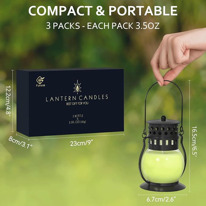 Citronella Candles Outdoor with Vintage Lantern - 3pcs 3.5oz DEET Free Lemongrass Scented Candles for Camping Patio Garden, Natural Citronella Soy Wax Candle, Gifts for Women