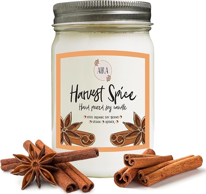 Aira Soy Candle – Harvest Spice – 12 oz Mason Jar – Hand-Poured USA – Long-Lasting Vegan Soy Wax Candle – Cozy Fall & Holiday Aroma – Paraffin-Free, Kosher, Cruelty-Free