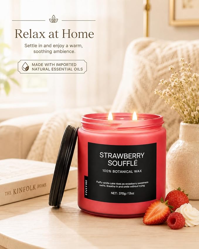 Strawberry Soufflé Home Scented Candles, 13oz Organic Soy Wax, 76-Hour Clean Burning, Natural Non-Toxic, Sweet & Fruity Gourmand Scent for Relaxation, Aromatherapy Housewarming Candle Men Women