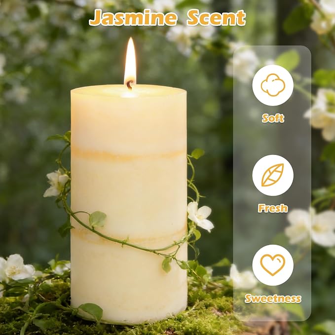 3x6 Inches Jasmine Scented Pillar Candles Ivory White Hand-Poured Long Burning Aromatherapy Candle for Home Scented Stress Relief Meditation Wedding Bar Table Centerpiece Decoration, 3 Pack