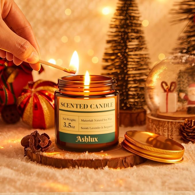 Ashlux 4 Pack Scented Candles as Candle Gift Set, Candle Set for Women, Long Lasting Soy Wax Amber Jar Aromatherapy Candles for Stress Relief, Home Decoration, Birthday, Valentine's Day