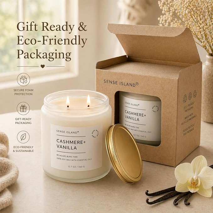 Cashmere Vanilla Large 12.7 OZ Scented Candle for Home Scented 80 Hrs Highly Scented Creamy Velvet Vanilla Cashmere | 100% Natural Soy Candle Gifts for Women Vanilla Candles for Cozy Home