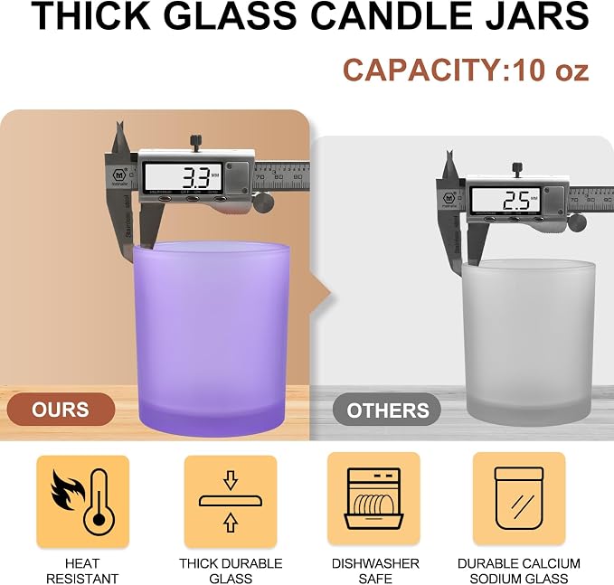 SHOWIN 10 OZ Thick Candle Jars for Making Candles 15 Pcs, Empty Jars with Wood Lids for Candle Making, Sample Container, Frosted Purple
