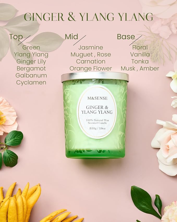 M&SENSE Ginger Ylang Ylang Scented Candle, Soy Wax, 18oz | Cracking Wooden Wick, 100 Hours Long Lasting, Large Jar, Non-Toxic Aromatherapy, Relaxing