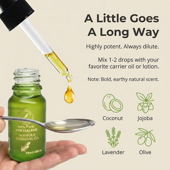 100% Pure New Zealand Manuka Oil | Organic Essential Oil | 35x Stronger Than Tea Tree | Natural Skin Care | Toenail Treatment | Diffuser | Aromatherapy | Nails | Hair | Skin | Lips