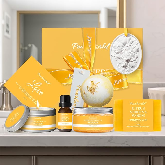 Mother's Day Gift, Citrus Verbena Bath Set Self Care for Women, Nourishing 7 Piece Home Spa Set, Birthday Gift For Mom, Girlfriend