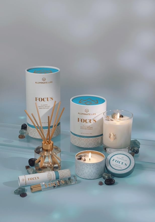Luxury Candle Tin, 6 OZ, Focus - Fluorite Crystal Infused - Scents of Orange, Ginger, Ylang-ylang, & Lavender - Awareness, Mental Order, & Clarity - Coconut Wax Blend