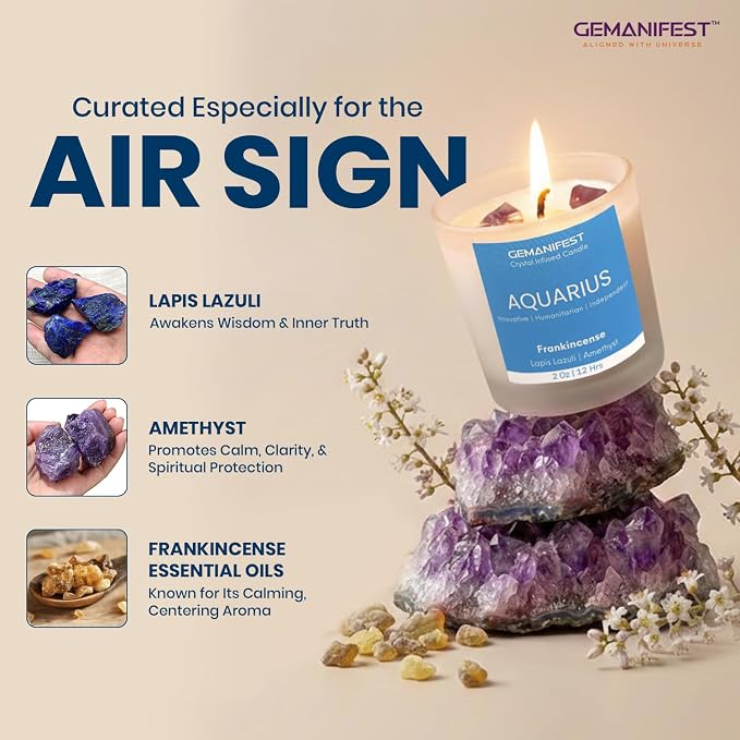Aquarius Zodiac Candle with Amethyst Bracelet Frankincense Scented Soy Candle Birthday Spiritual Astrology Birthstone Gifts for Women Men for Manifestation and Healing