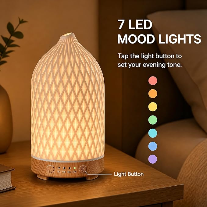 200ML Ceramic Essential Oil Diffuser - Ultrasonic Aromatherapy & Humidifier with 7-Color LED Lights, Auto Shut-Off, Rhombus, 1H/3H/6H Timer | Scent for Home,Office,Yoga
