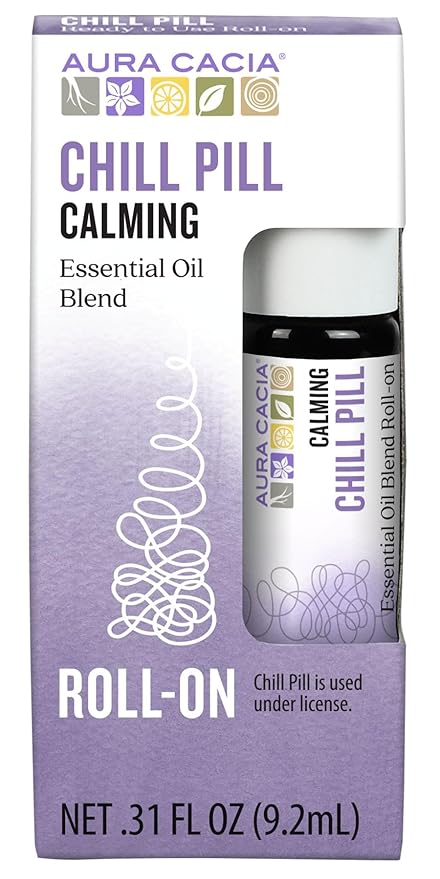 Aura Cacia Chill Pill Roll-On Essential Oil Blend, Sweet Orange, Lavender, Peppermint, Basil, Patchouli, Roman Chamomile in Apricot Kernel Oil | 0.31 Fl Oz (Pack of 1)