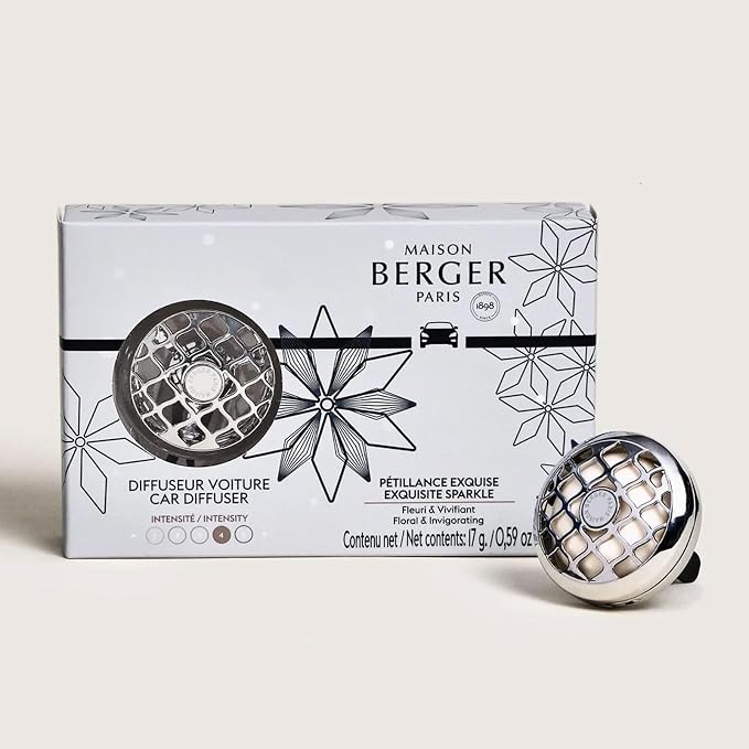 MAISON BERGER Car Diffuser Set, Rosalie Exquisite Sparkle | Sparkling Grapefruit Rose Notes, Refillable Vent Clip with Ceramic Refill, Passive 4-Week Diffusion, Made in France