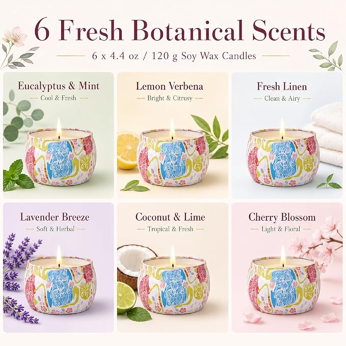 6 Pack Scented Candles Gift Set for Women, Soy Wax Tin Candles, 4 oz Each, 6 Fresh Botanical Scents, Up to 180 Hr Total Burn, Birthday Housewarming Thank You Gifts