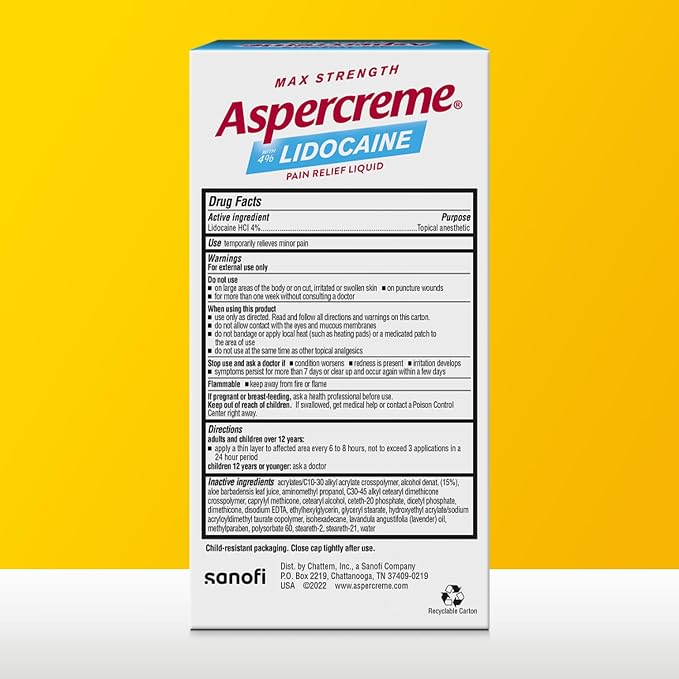 Aspercreme Essential Oils Lidocaine Pain Relief with No-Mess Roll-On Applicator, Max-Strength Lidocaine Numbs Away Nerve Pain, Moisturizing Aloe Hydrates Skin, Lavender, 2.5 Oz.