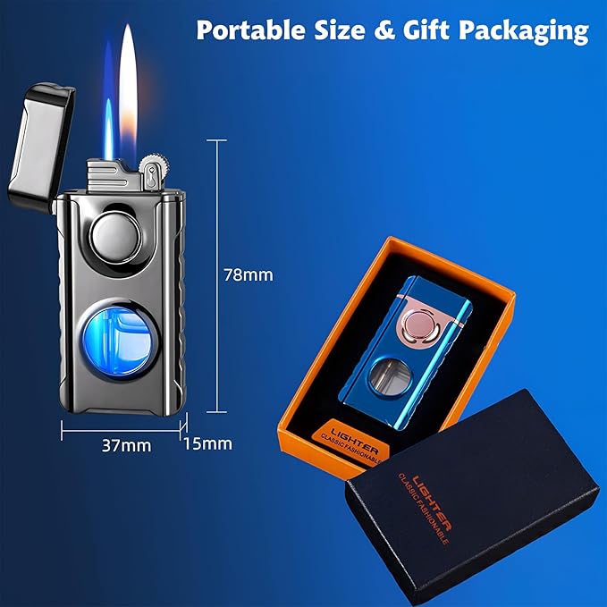 Torch Lighter, Creative Dual Flame Lighter with 6pcs Flint Stone, Windproof Lighter with Visible Fuel Tank, Adjustable Soft Flame and Jet Flame 2 in1,Refillable Butane Lighter for Gifts Men-Ice Black