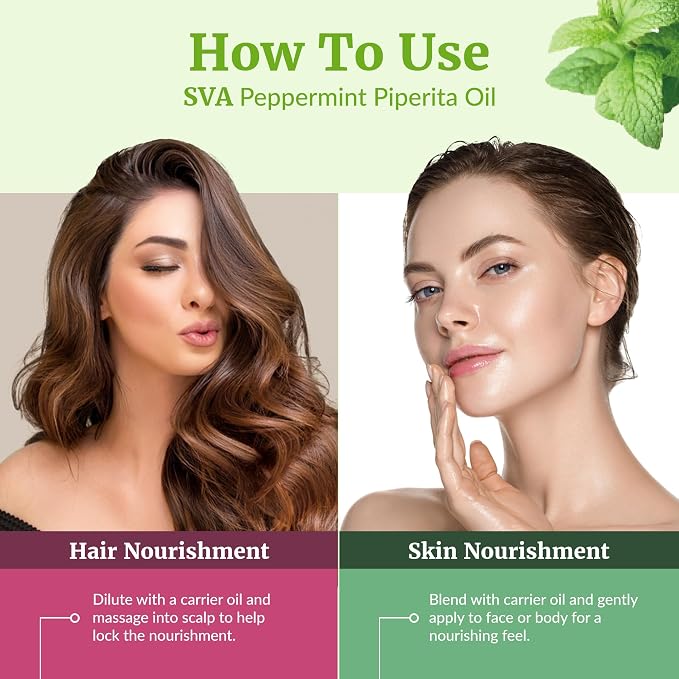 SVA Peppermint Piperita Essential Oil – 4 Fl Oz – 100% Natural Piperita Oil - for Diffuser, Hair Care, Face, Skin Care, Aromatherapy, Scalp and Body Massage, Soap and Candle Making - with Dropper