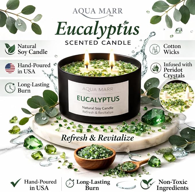 Eucalyptus Soy Candle – 8 oz Aromatherapy Spa, Fresh Eucalyptus Scent, Clean Burning Hand-Poured Candle for Relaxation, Home & Bathroom Décor – Aqua MARR